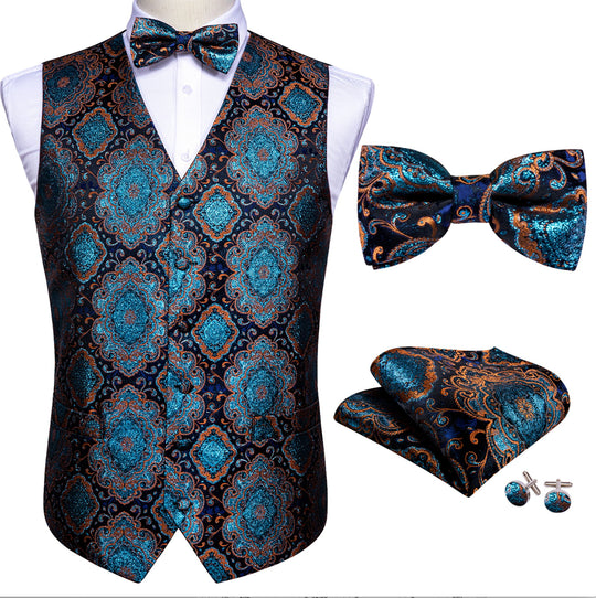 Shining Men's Teal Blue Brown Paisley Silk Vest Bowtie Pocket square Cufflinks- MJ-2515 - SimonVon Shop