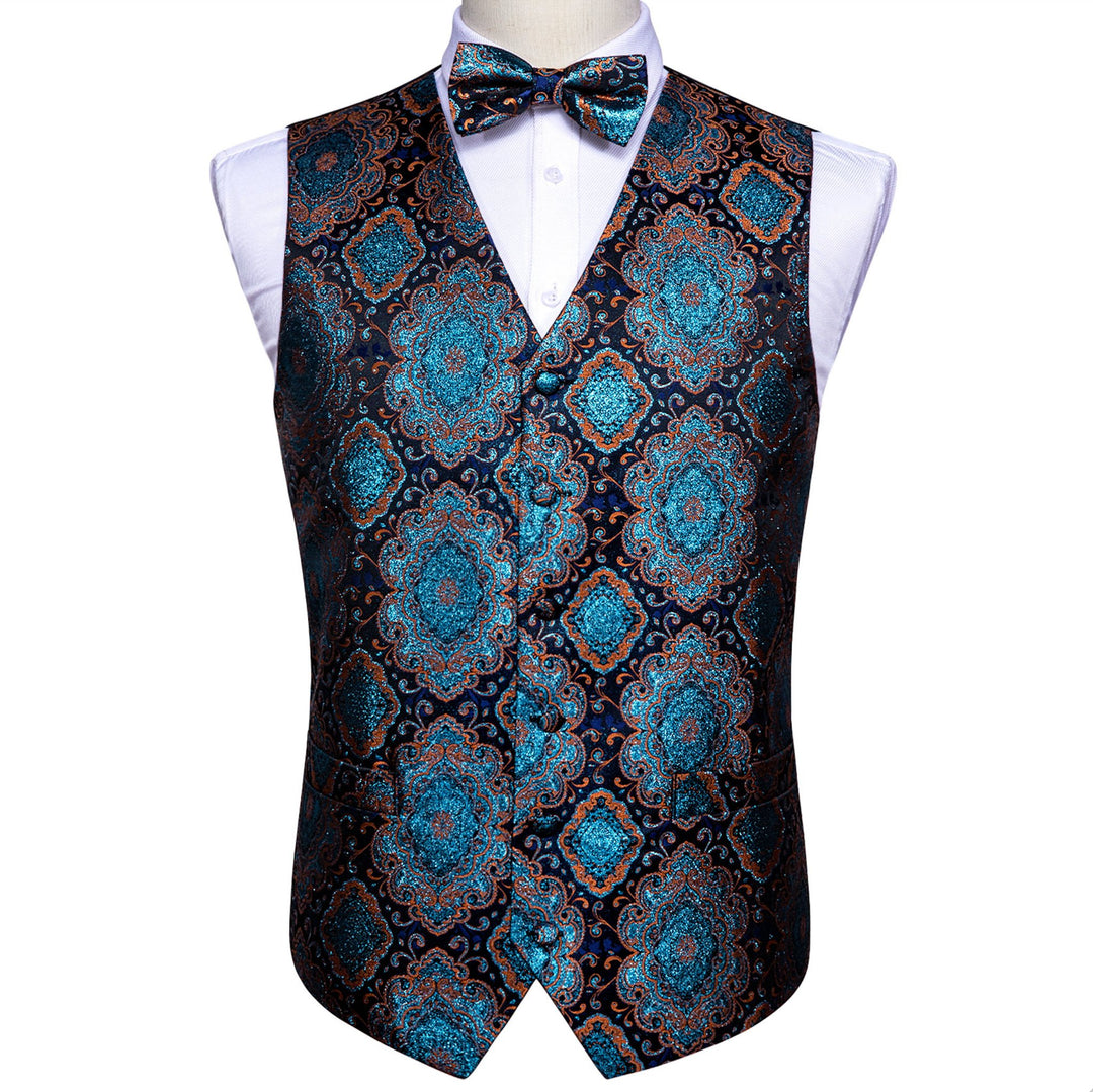 Shining Men's Teal Blue Brown Paisley Silk Vest Bowtie Pocket square Cufflinks- MJ-2515 - SimonVon Shop