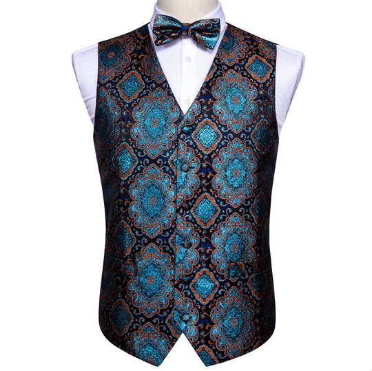 Shining Men's Teal Blue Brown Paisley Silk Vest Bowtie Pocket square Cufflinks- MJ-2515 - SimonVon Shop