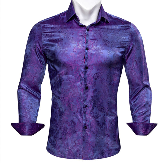 Shining Purple Blue Paisley Silk Men's Shirt- CY-0085 - SimonVon Shop