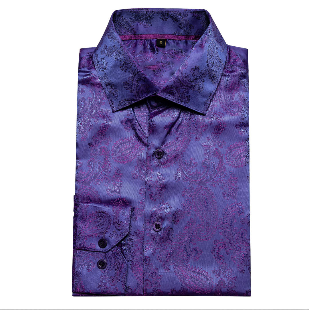 Shining Purple Blue Paisley Silk Men's Shirt- CY-0085 - SimonVon Shop