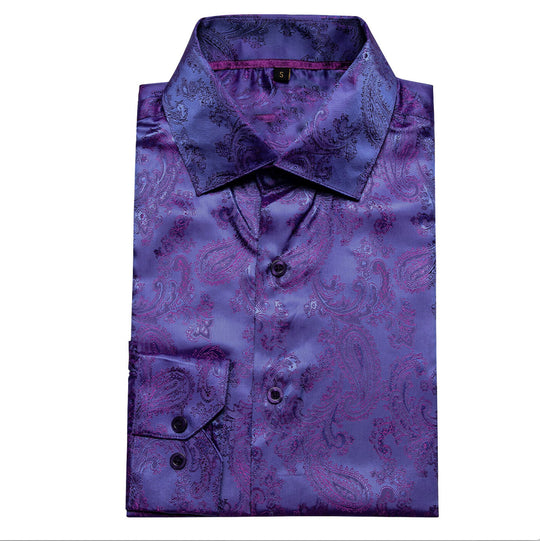 Shining Purple Blue Paisley Silk Men's Shirt- CY-0085 - SimonVon Shop
