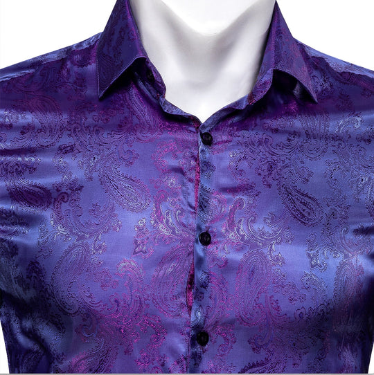 Shining Purple Blue Paisley Silk Men's Shirt- CY-0085 - SimonVon Shop
