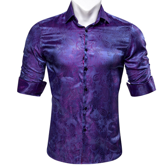Shining Purple Blue Paisley Silk Men's Shirt- CY-0085 - SimonVon Shop