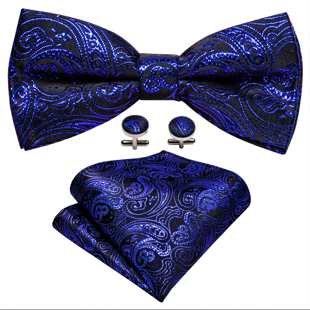 Shining Royal Blue Black Paisley Pre-Tied Bowtie Pocket Square Cufflinks Set- LH-0908 - SimonVon Shop