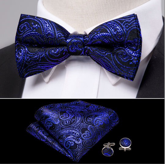 Shining Royal Blue Black Paisley Pre-Tied Bowtie Pocket Square Cufflinks Set- LH-0908 - SimonVon Shop