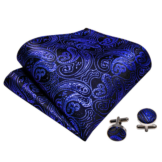 Shining Royal Blue Black Paisley Pre-Tied Bowtie Pocket Square Cufflinks Set- LH-0908 - SimonVon Shop