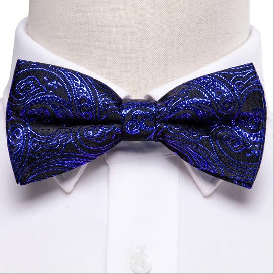 Shining Royal Blue Black Paisley Pre-Tied Bowtie Pocket Square Cufflinks Set- LH-0908 - SimonVon Shop
