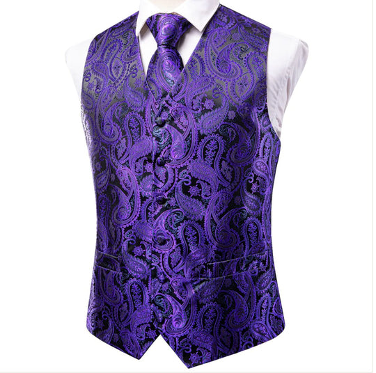 Shiny Purple Black Paisley Silk Men's Vest Hanky Cufflinks Tie Set Waistcoat Set-MJ-3007 - SimonVon Shop
