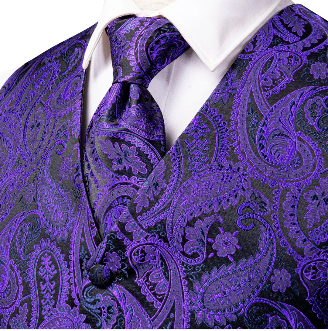 Shiny Purple Black Paisley Silk Men's Vest Hanky Cufflinks Tie Set Waistcoat Set-MJ-3007 - SimonVon Shop