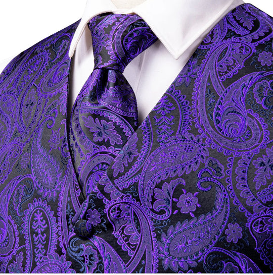 Shiny Purple Black Paisley Silk Men's Vest Hanky Cufflinks Tie Set Waistcoat Set-MJ-3007 - SimonVon Shop