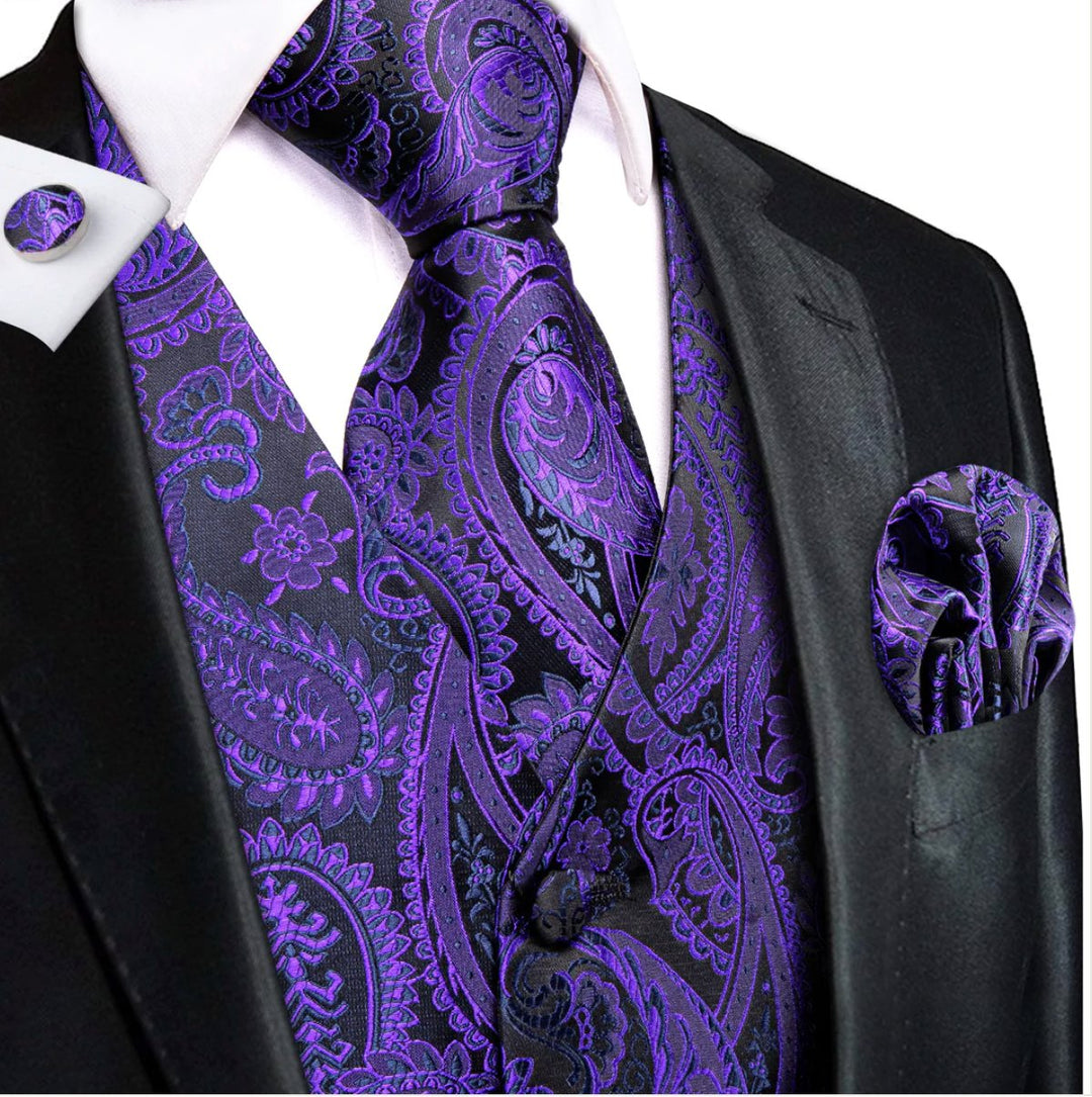 Shiny Purple Black Paisley Silk Men's Vest Hanky Cufflinks Tie Set Waistcoat Set-MJ-3007 - SimonVon Shop