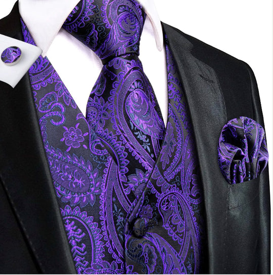 Shiny Purple Black Paisley Silk Men's Vest Hanky Cufflinks Tie Set Waistcoat Set-MJ-3007 - SimonVon Shop