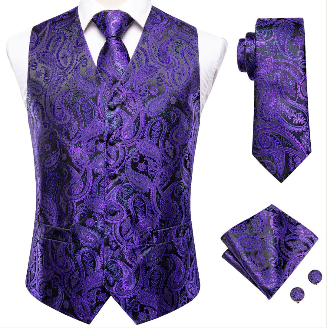 Shiny Purple Black Paisley Silk Men's Vest Hanky Cufflinks Tie Set Waistcoat Set-MJ-3007 - SimonVon Shop