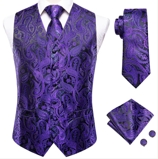 Shiny Purple Black Paisley Silk Men's Vest Hanky Cufflinks Tie Set Waistcoat Set-MJ-3007 - SimonVon Shop