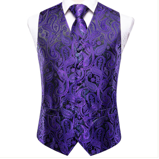 Shiny Purple Black Paisley Silk Men's Vest Hanky Cufflinks Tie Set Waistcoat Set-MJ-3007 - SimonVon Shop