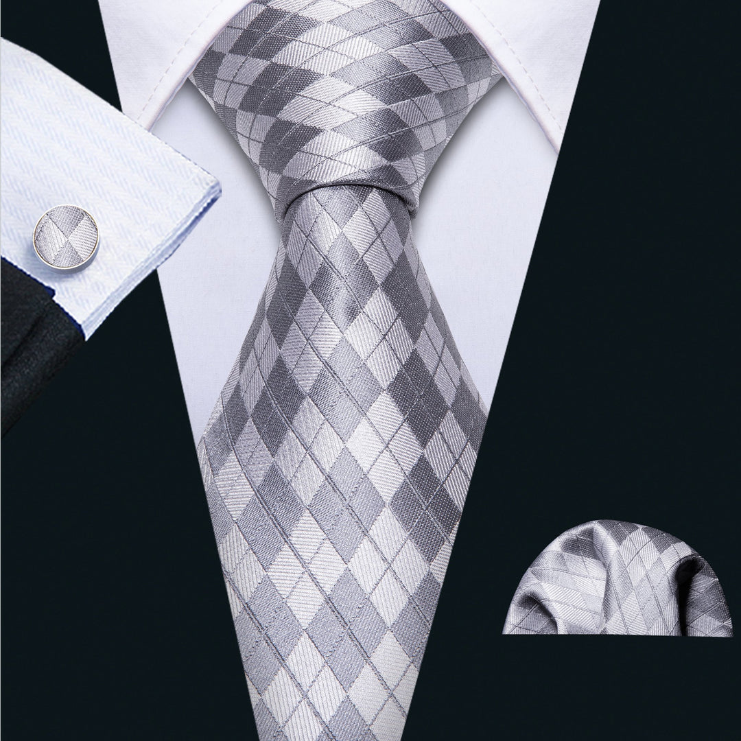Silver Grey Plaid Necktie Pocket Square Cufflinks Set- N-5219 - SimonVon Shop