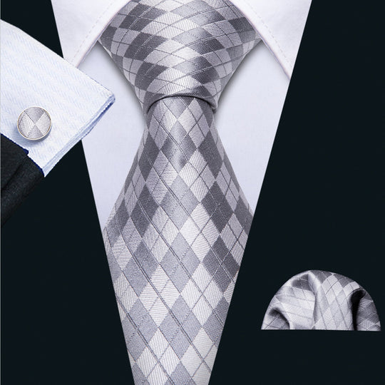 Silver Grey Plaid Necktie Pocket Square Cufflinks Set- N-5219 - SimonVon Shop
