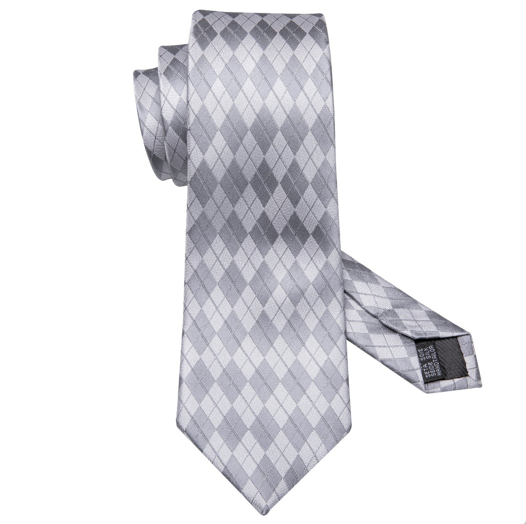 Silver Grey Plaid Necktie Pocket Square Cufflinks Set- N-5219 - SimonVon Shop