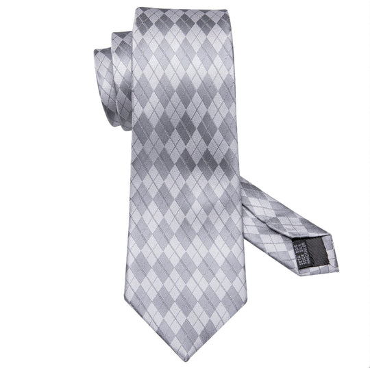 Silver Grey Plaid Necktie Pocket Square Cufflinks Set- N-5219 - SimonVon Shop