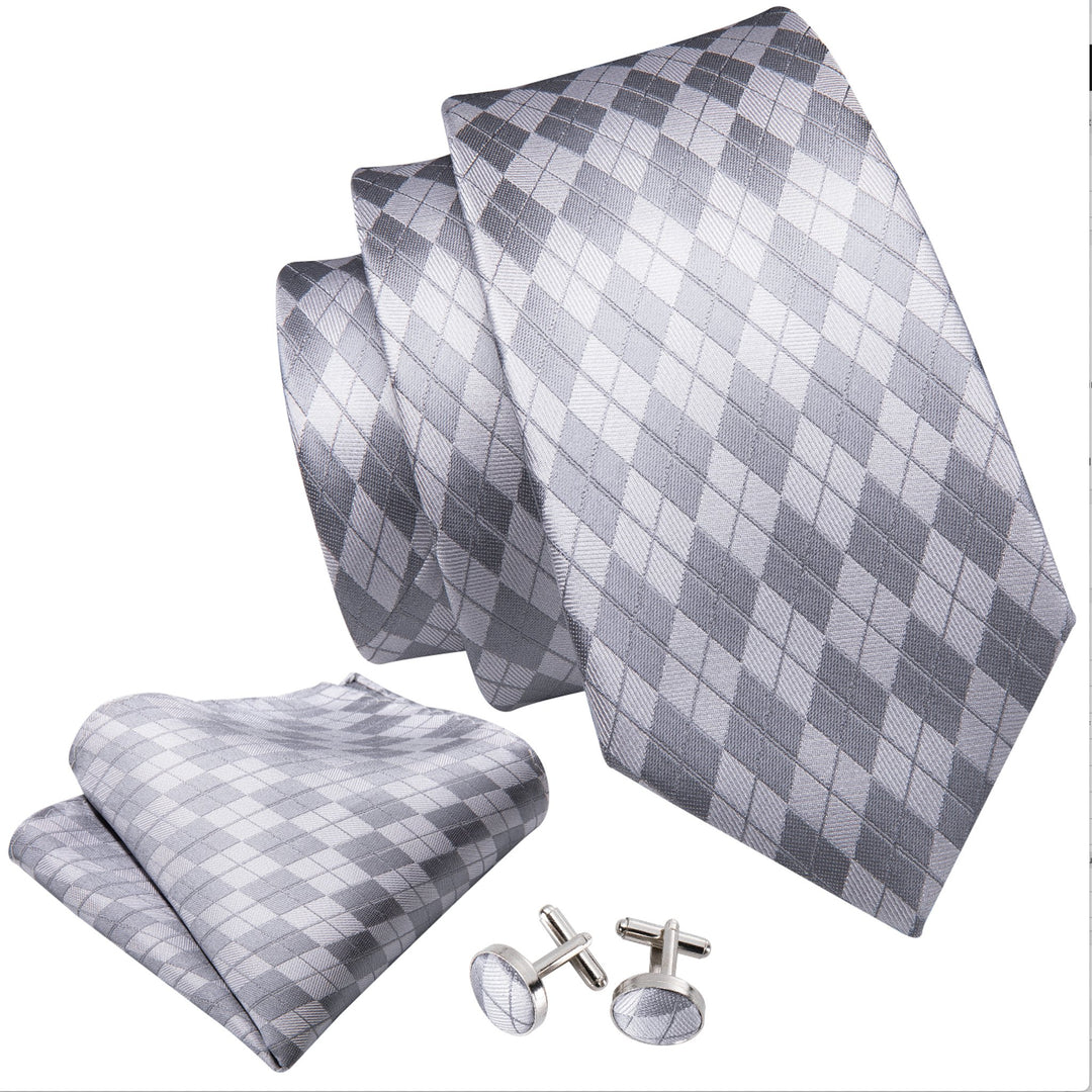 Silver Grey Plaid Necktie Pocket Square Cufflinks Set- N-5219 - SimonVon Shop