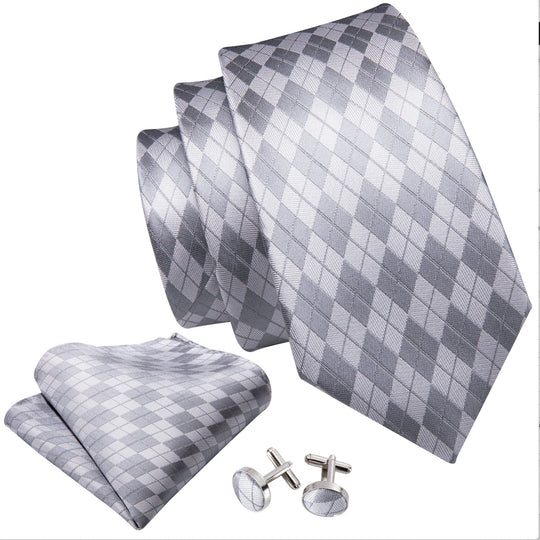 Silver Grey Plaid Necktie Pocket Square Cufflinks Set- N-5219 - SimonVon Shop
