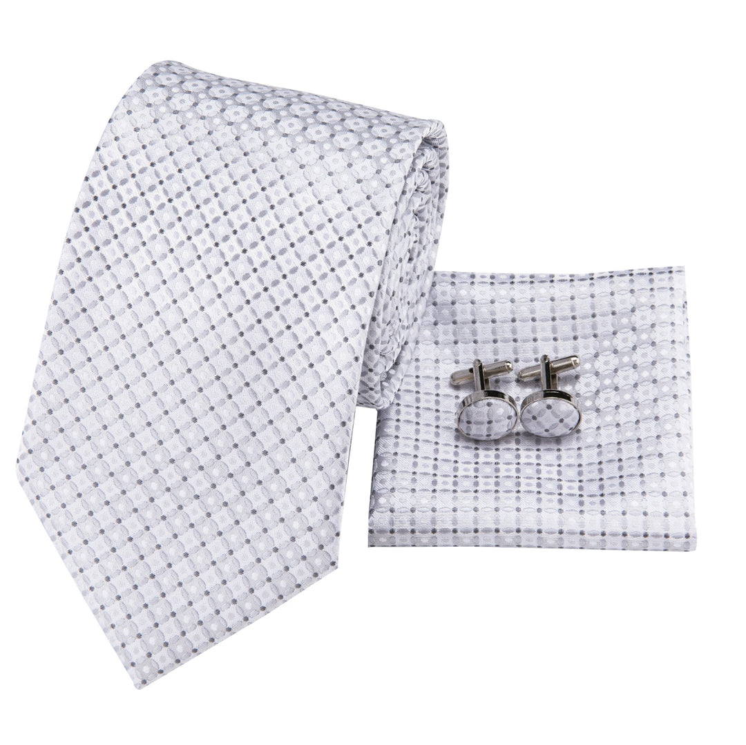 Silver White Plaid Silk Men's Tie Pocket Square Cufflinks Set- N-3115 - SimonVon Shop