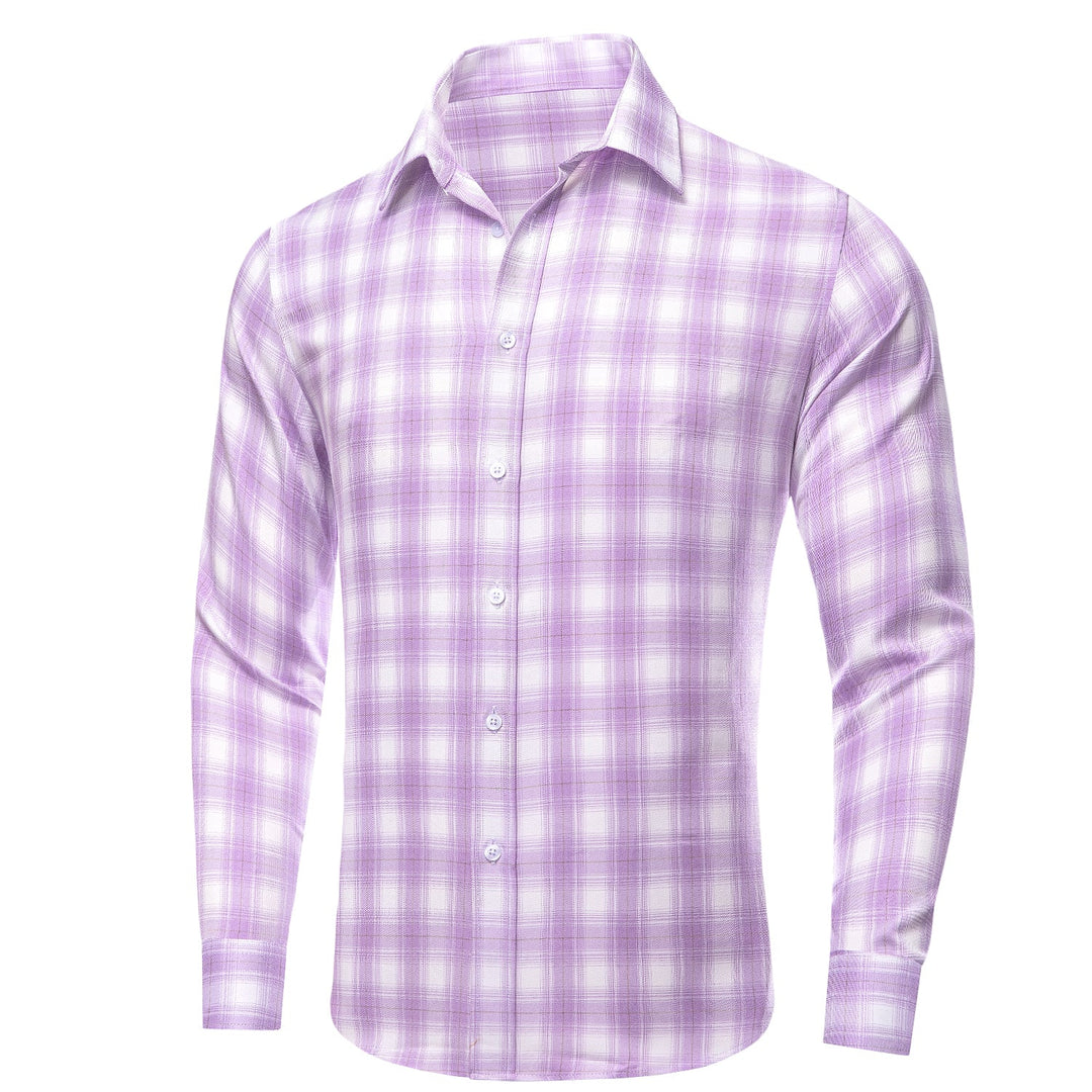Simon Von Button Down Shirt Purple White Plaid Men's Silk Long Sleeve Shirt-CY-1930 - SimonVon Shop