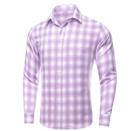 Simon Von Button Down Shirt Purple White Plaid Men's Silk Long Sleeve Shirt-CY-1930 - SimonVon Shop