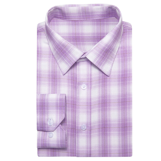 Simon Von Button Down Shirt Purple White Plaid Men's Silk Long Sleeve Shirt-CY-1930 - SimonVon Shop