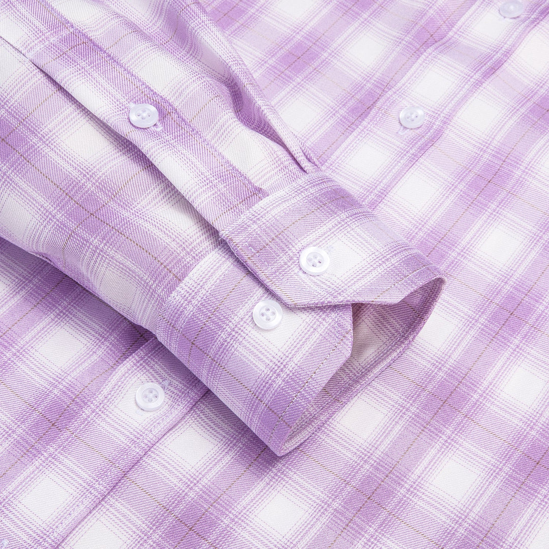 Simon Von Button Down Shirt Purple White Plaid Men's Silk Long Sleeve Shirt-CY-1930 - SimonVon Shop