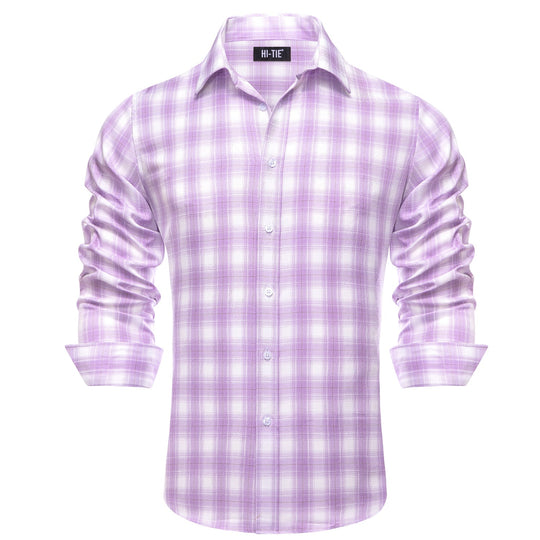 Simon Von Button Down Shirt Purple White Plaid Men's Silk Long Sleeve Shirt-CY-1930 - SimonVon Shop