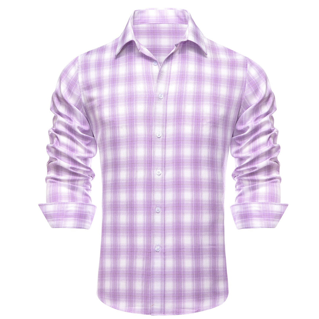 Simon Von Button Down Shirt Purple White Plaid Men's Silk Long Sleeve Shirt-CY-1930 - SimonVon Shop