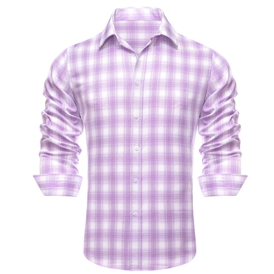 Simon Von Button Down Shirt Purple White Plaid Men's Silk Long Sleeve Shirt-CY-1930 - SimonVon Shop