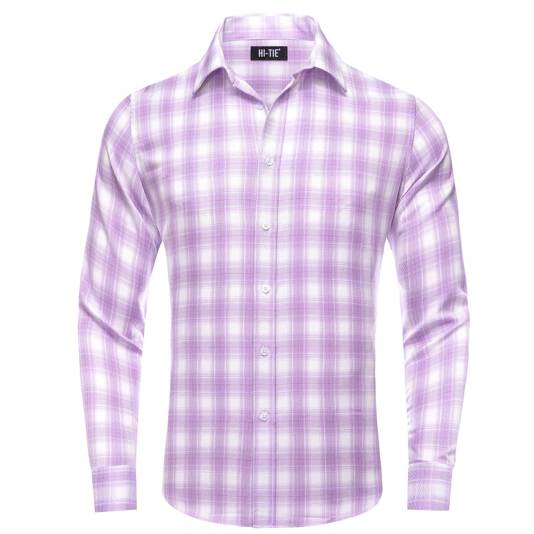 Simon Von Button Down Shirt Purple White Plaid Men's Silk Long Sleeve Shirt-CY-1930 - SimonVon Shop