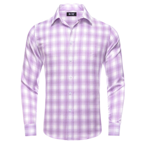 Simon Von Button Down Shirt Purple White Plaid Men's Silk Long Sleeve Shirt-CY-1930 - SimonVon Shop