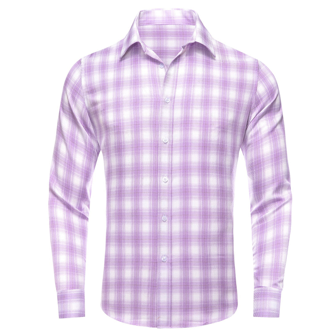 Simon Von Button Down Shirt Purple White Plaid Men's Silk Long Sleeve Shirt-CY-1930 - SimonVon Shop