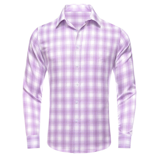 Simon Von Button Down Shirt Purple White Plaid Men's Silk Long Sleeve Shirt-CY-1930 - SimonVon Shop
