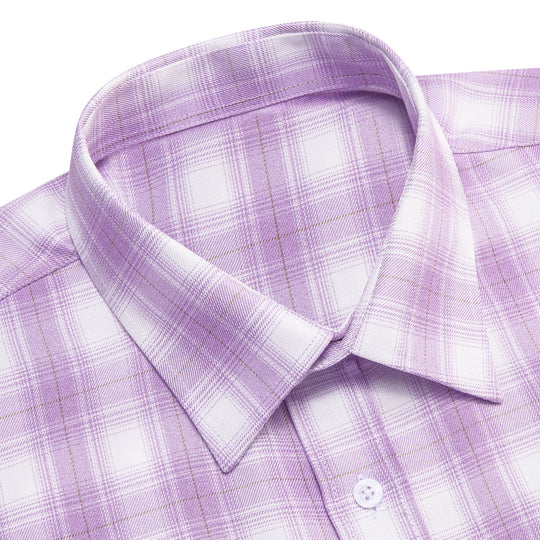 Simon Von Button Down Shirt Purple White Plaid Men's Silk Long Sleeve Shirt-CY-1930 - SimonVon Shop