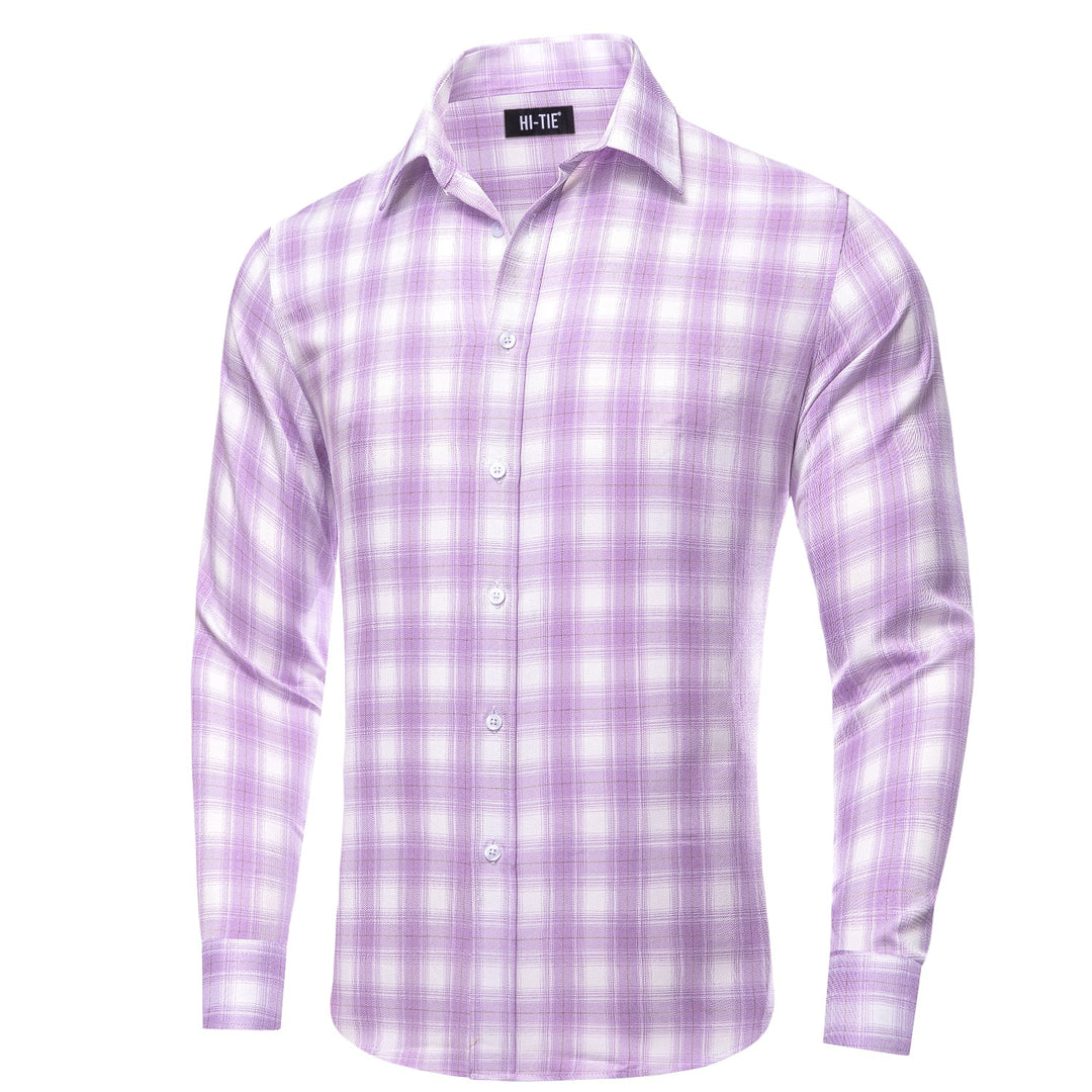 Simon Von Button Down Shirt Purple White Plaid Men's Silk Long Sleeve Shirt-CY-1930 - SimonVon Shop