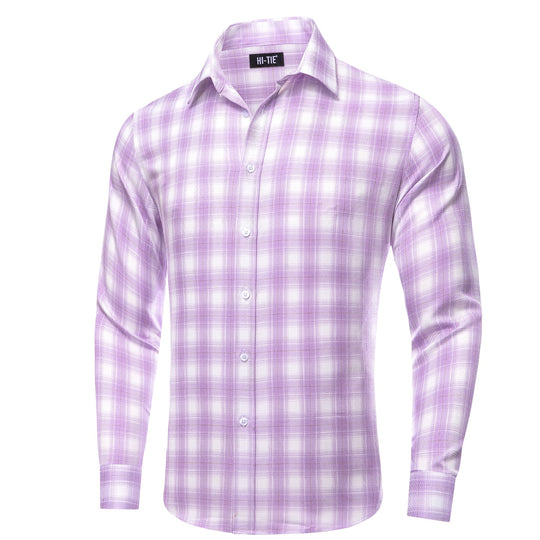 Simon Von Button Down Shirt Purple White Plaid Men's Silk Long Sleeve Shirt-CY-1930 - SimonVon Shop