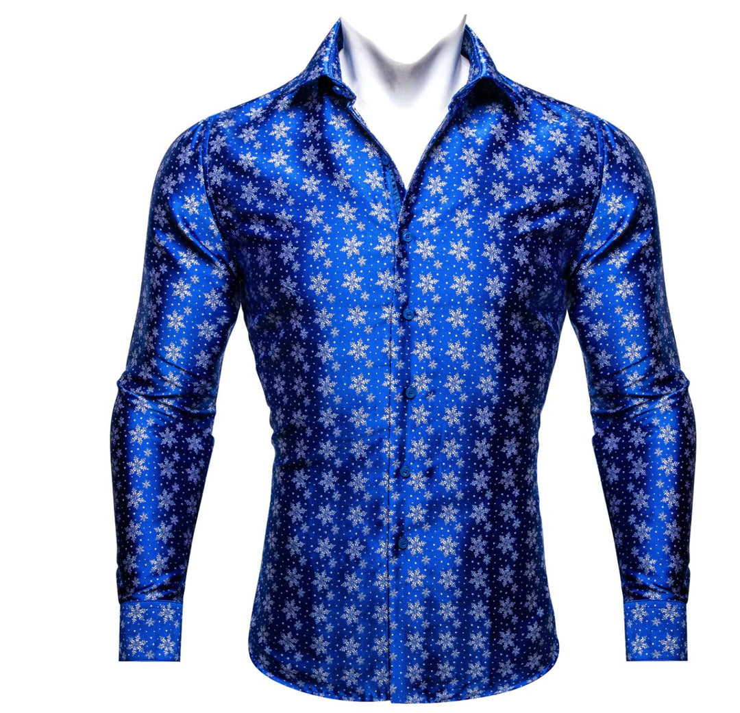 Simon Von Christmas Blue White Snowflake Floral Silk Slim Fit Shirt- CY-0510 - SimonVon Shop