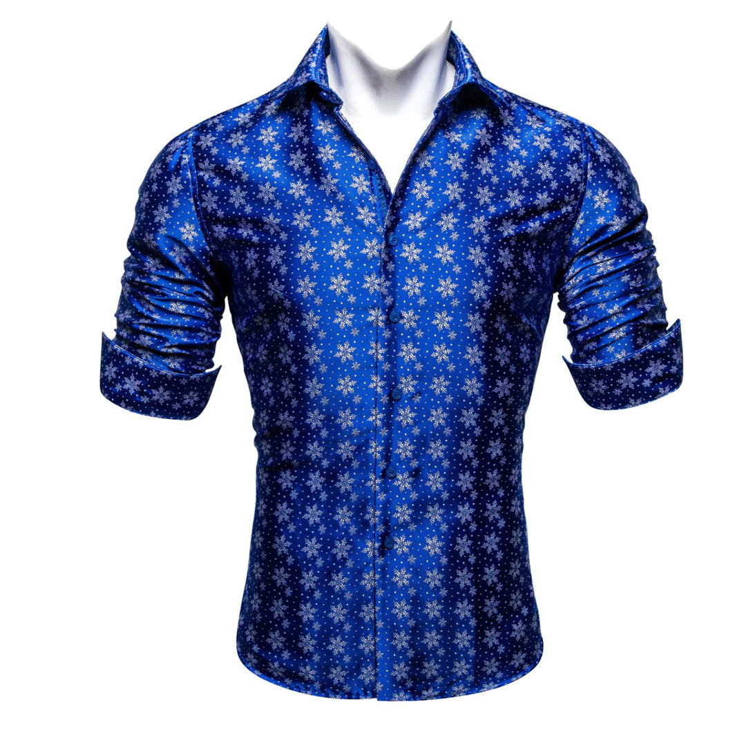 Simon Von Christmas Blue White Snowflake Floral Silk Slim Fit Shirt- CY-0510 - SimonVon Shop