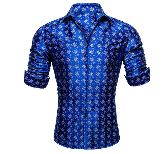 Simon Von Christmas Blue White Snowflake Floral Silk Slim Fit Shirt- CY-0510 - SimonVon Shop