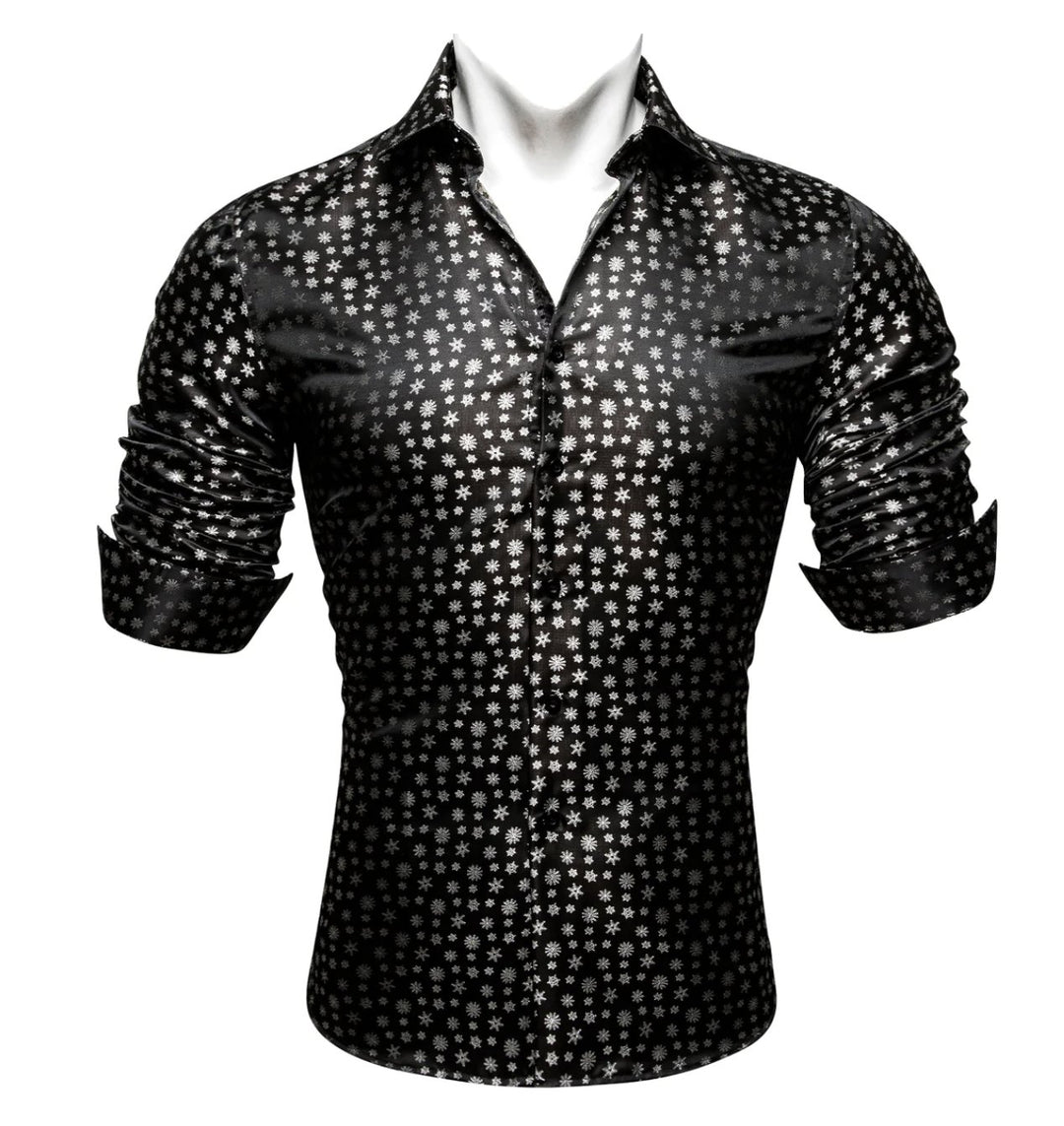 Simon Von Christmas Element Black White Floral Silk Shirt- CY-0509 - SimonVon Shop