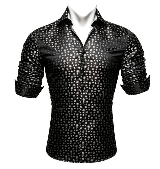 Simon Von Christmas Element Black White Floral Silk Shirt- CY-0509 - SimonVon Shop