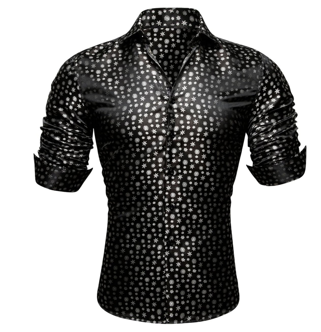 Simon Von Christmas Element Black White Floral Silk Shirt- CY-0509 - SimonVon Shop