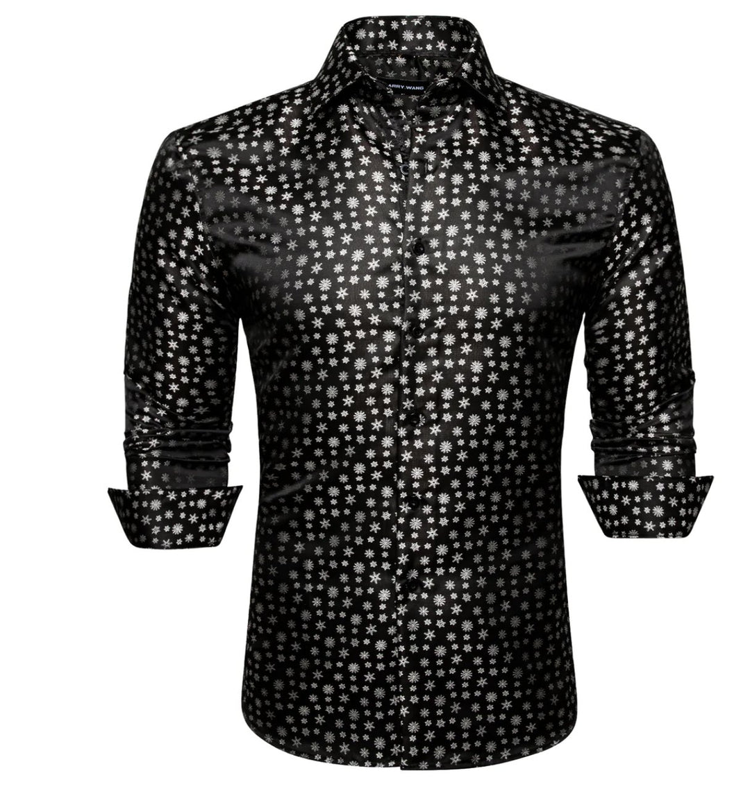 Simon Von Christmas Element Black White Floral Silk Shirt- CY-0509 - SimonVon Shop