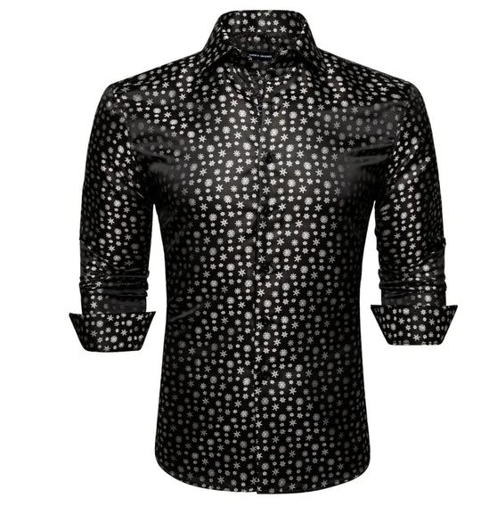 Simon Von Christmas Element Black White Floral Silk Shirt- CY-0509 - SimonVon Shop