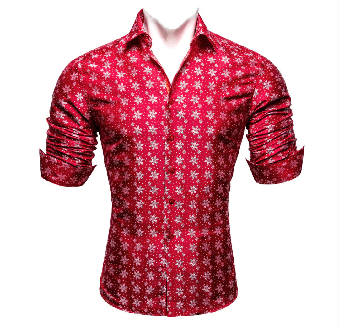 Simon Von Christmas Red White Snowflake Floral Silk Slim Fit Shirt-CY-0511 - SimonVon Shop